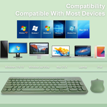 Wireless Keyboard and Mouse Combo, Sweet Green Cute Keyboard, 2.4G USB Ergonomic Full-Sized Mute Keyboard for Computer, Laptop, PC Desktops, Mac