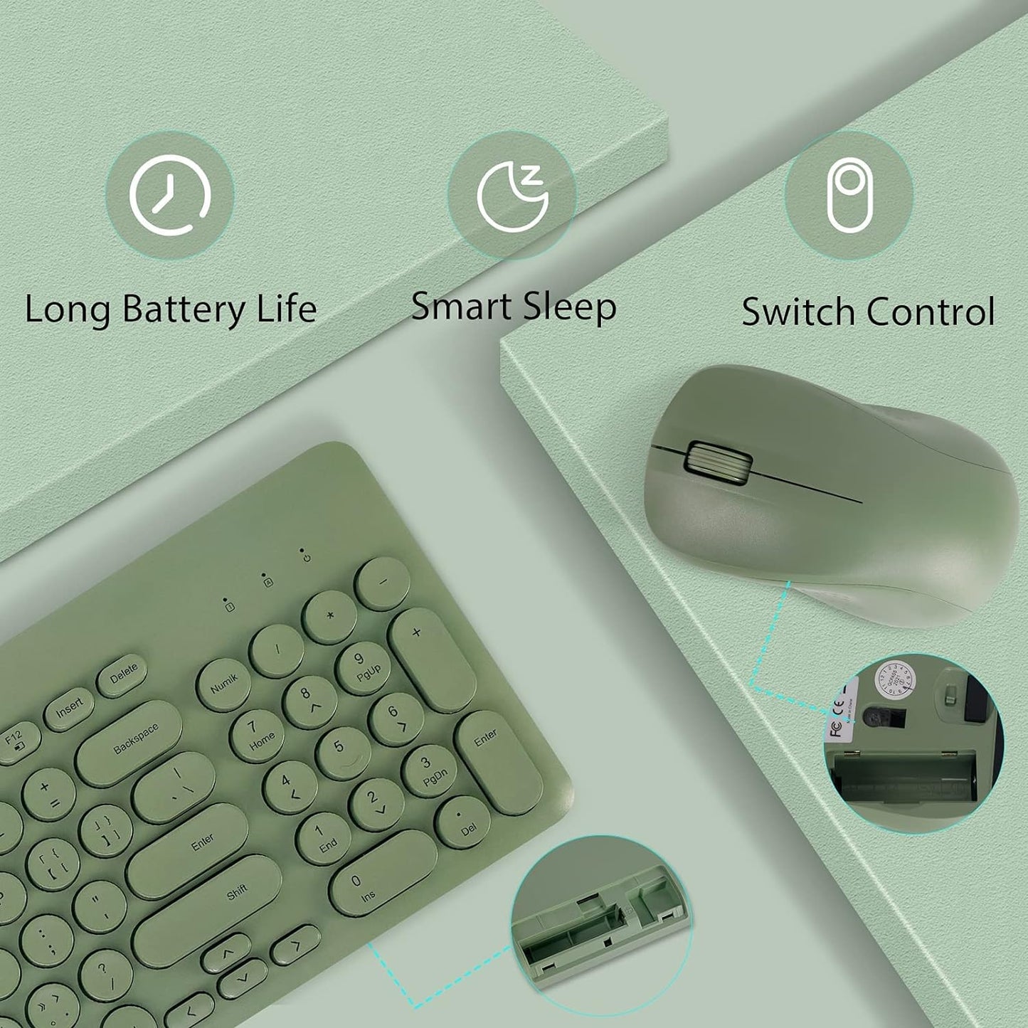 Wireless Keyboard and Mouse Combo, Sweet Green Cute Keyboard, 2.4G USB Ergonomic Full-Sized Mute Keyboard for Computer, Laptop, PC Desktops, Mac
