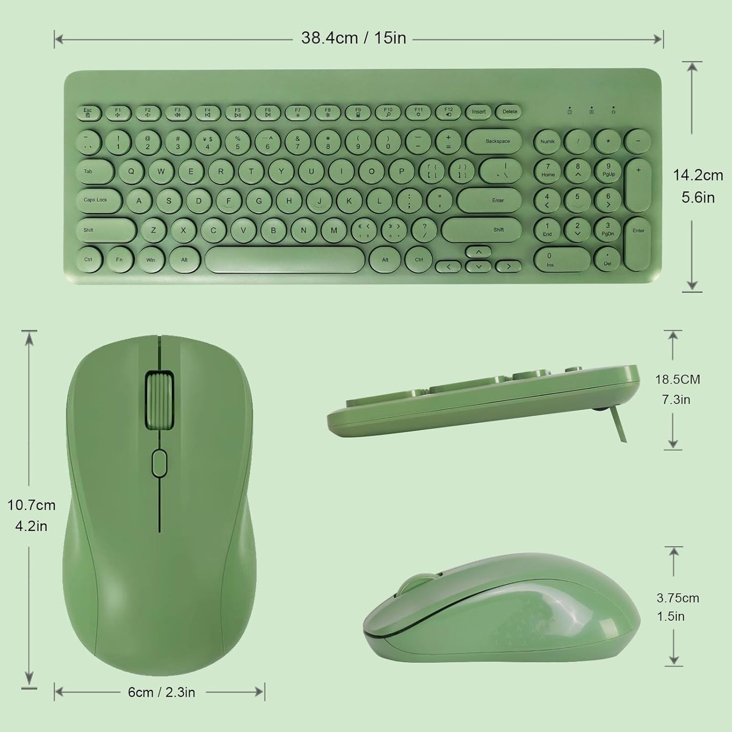 Wireless Keyboard and Mouse Combo, Sweet Green Cute Keyboard, 2.4G USB Ergonomic Full-Sized Mute Keyboard for Computer, Laptop, PC Desktops, Mac