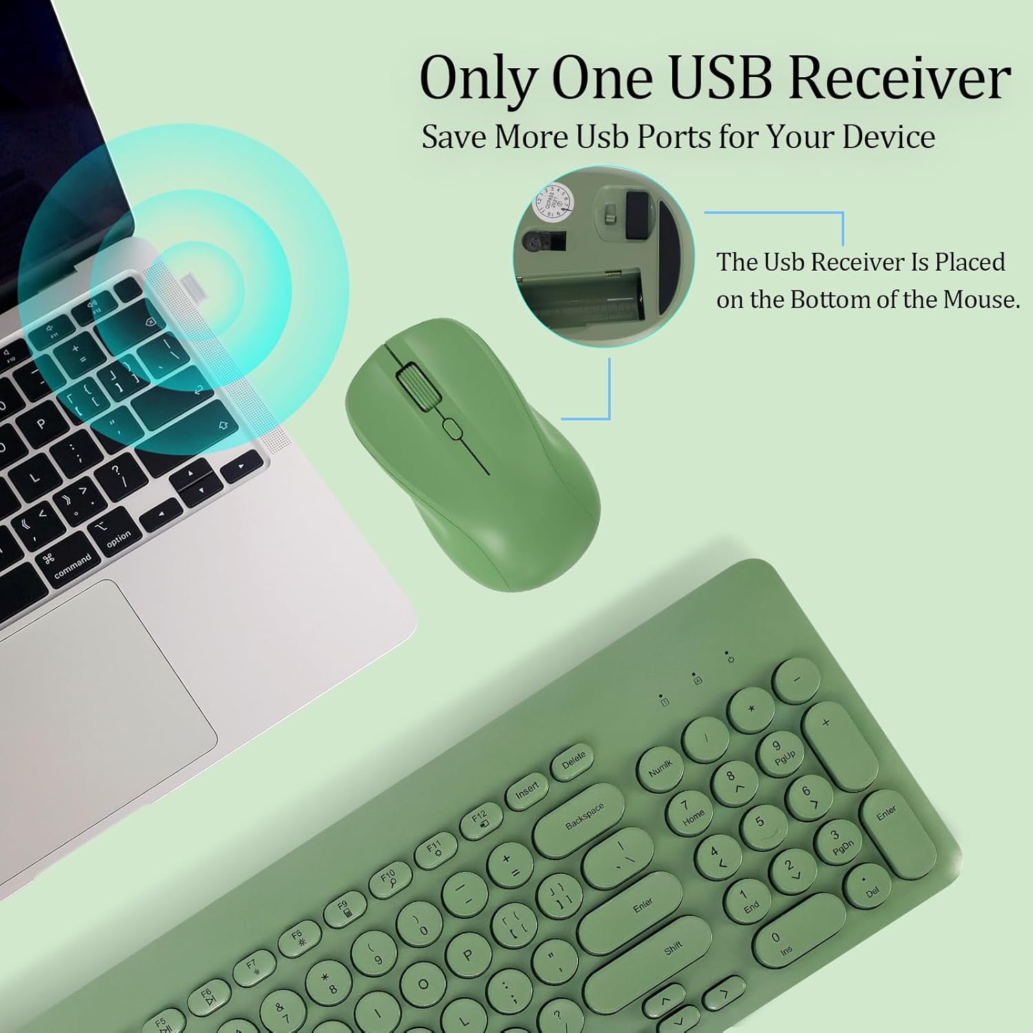 Wireless Keyboard and Mouse Combo, Sweet Green Cute Keyboard, 2.4G USB Ergonomic Full-Sized Mute Keyboard for Computer, Laptop, PC Desktops, Mac