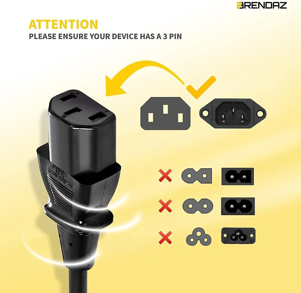 PC Power Cord - 3 Prong AC Power Cable for Computer, Monitor, Speaker, Scanner, Printer - IEC 320 C13 to NEMA 5-15P, 18Awg, 125V 10 Amp (3-Feet)